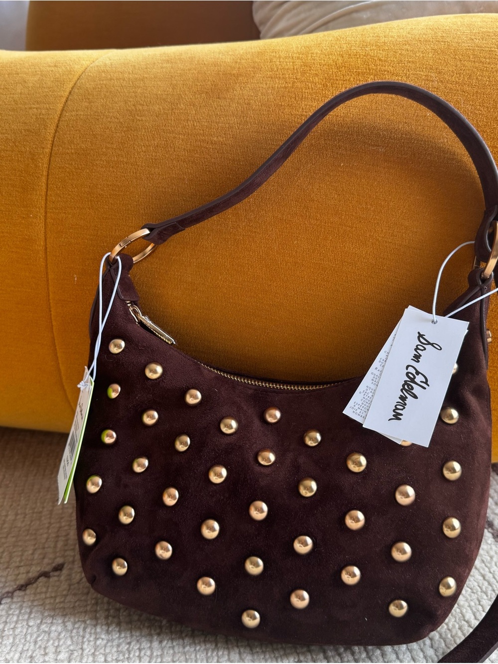Sam Edelman Chocolate Brown Suede Studded Shoulder Bag